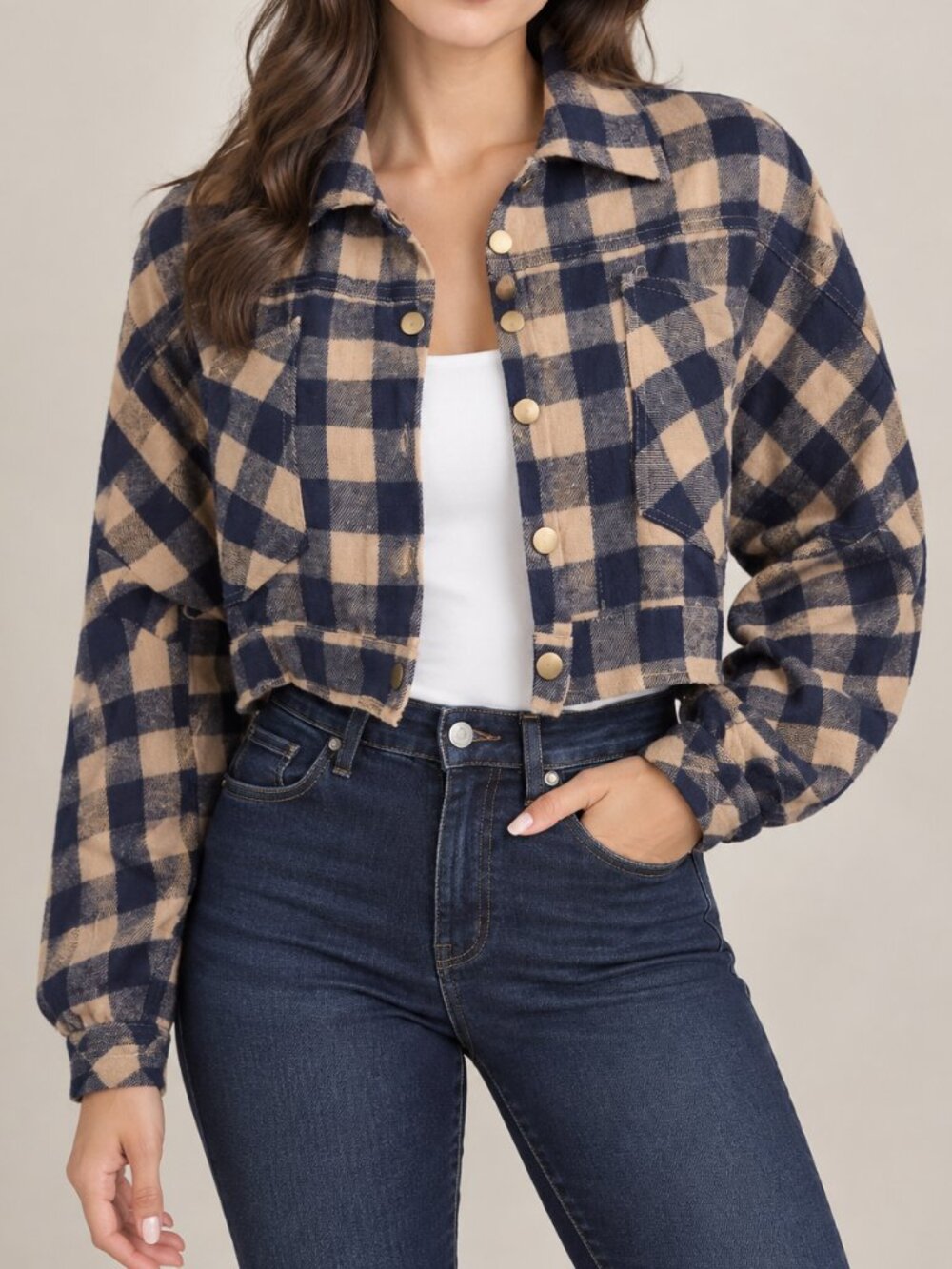 HYFVE Camel Checkered Flannel Cropped Top